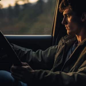 A boy driving a car while emotionally distracted