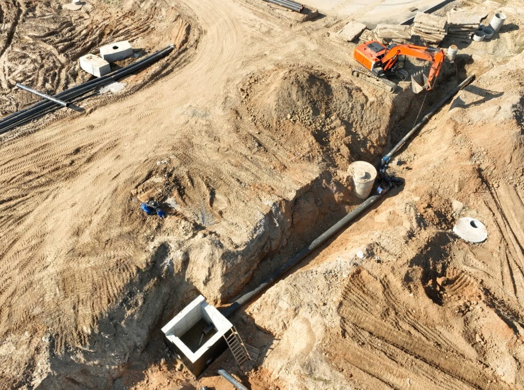 Construction crew assembling drainage pipes.