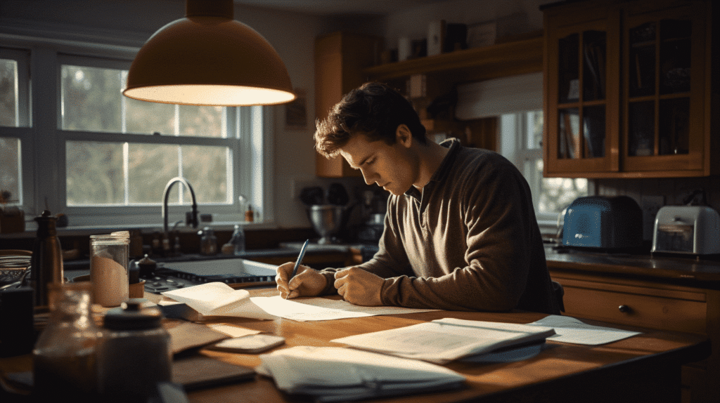 A man sitting in his kitchen sighing insurance claim papers
