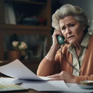 A worried older woman on the phone sitting in her kitchen