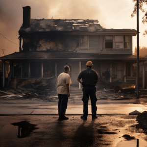 a construction worker and a home owner discussing demolition and repairs after a house fire