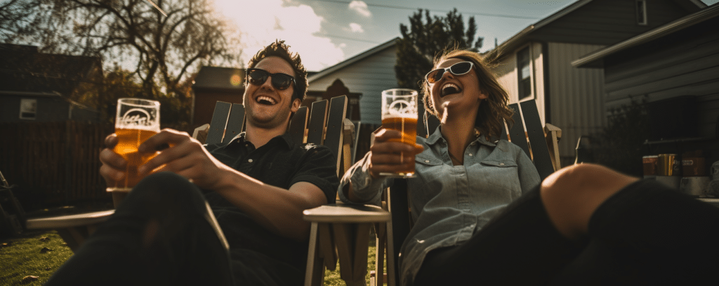 Two college aged kids sitting in chairs outside drinking beers