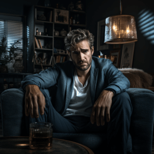 A man sitting on an arm chair in his living room with a glass of liquor. He looks sad.