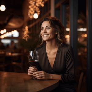 A woman enjoying a casual drink of wine at the bar