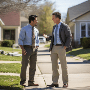 Eminent domain lawyers walking on the sidewalk of a suburban neighborhood 