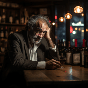 A man sitting at a bar with a drink looking sick