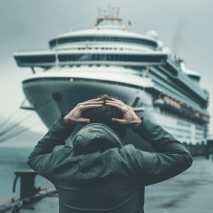 Stressed man in front of Cruise ship