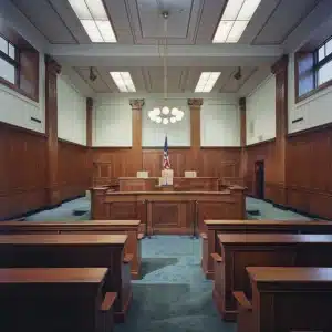 An empty courtroom.