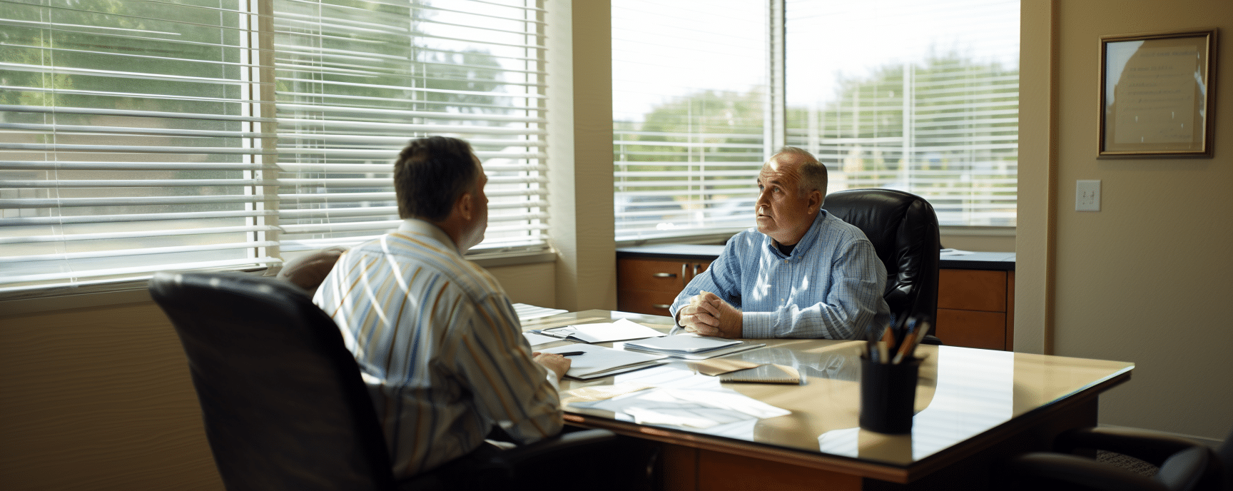 a personal injury lawyer and a client sitting across a desk 
