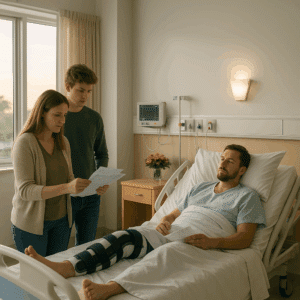 A victim discussing compensation with his family after injuries in a car accident