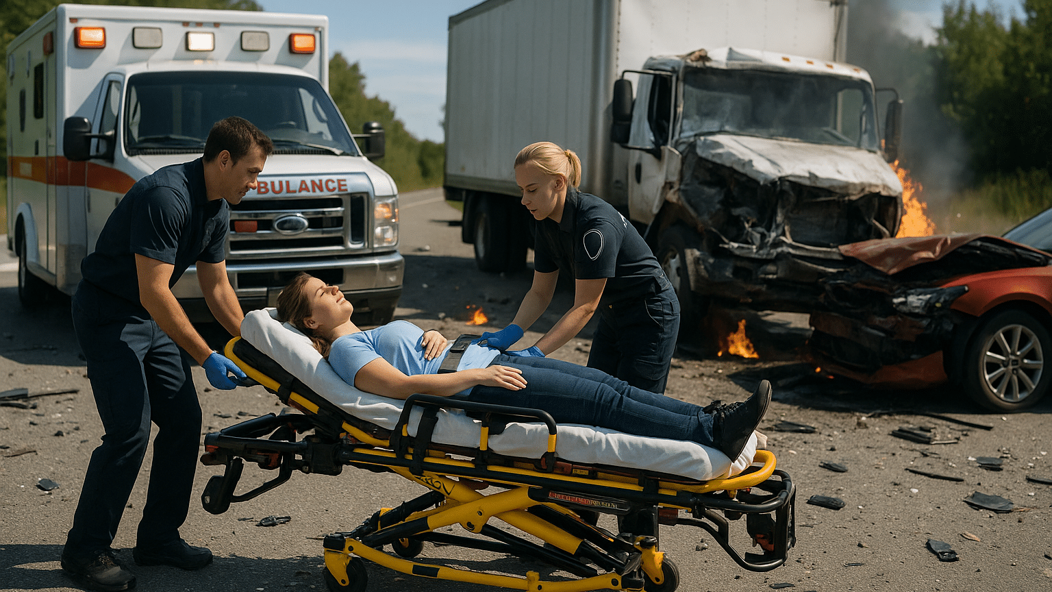 Emergency responders rushing an injured person to the hospital after a truck accident