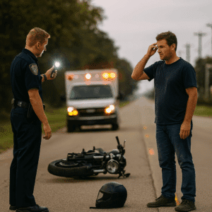 A police officer conducting a sobriety test after a motorcycle accident