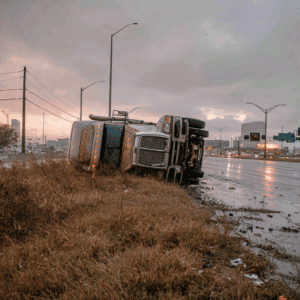 Semi-truck lying on its side after an accident in Houston