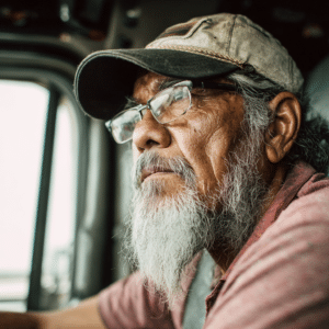 An exhausted truck driver trying to focus