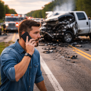 man calling 911 after a truck accident in Houston